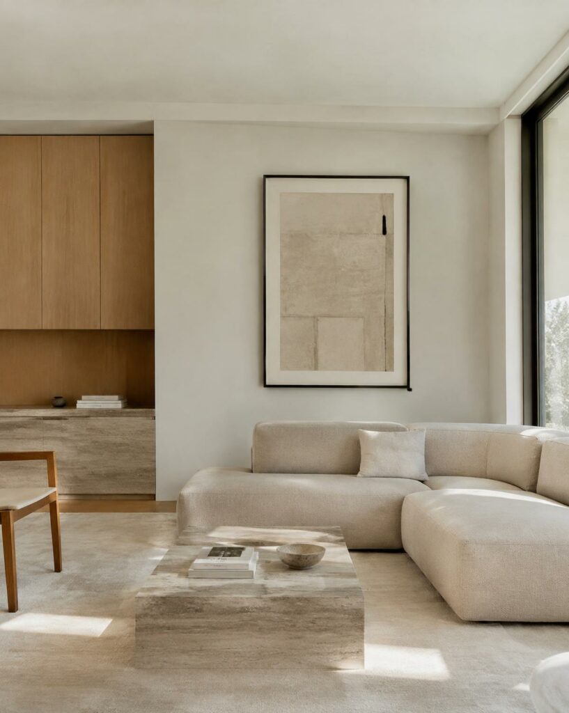 Salón contemporáneo con madera de roble y travertino