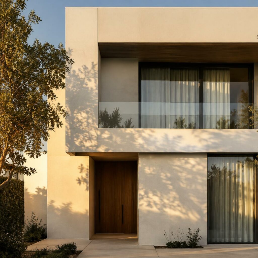 Fachada contemporánea con luz de atardecer